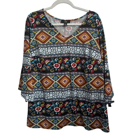 AGB Women's Boho Tunic Top 2X Colorful Geometric & Floral Print 3/4 Sleeves Top - Picture 3 of 11